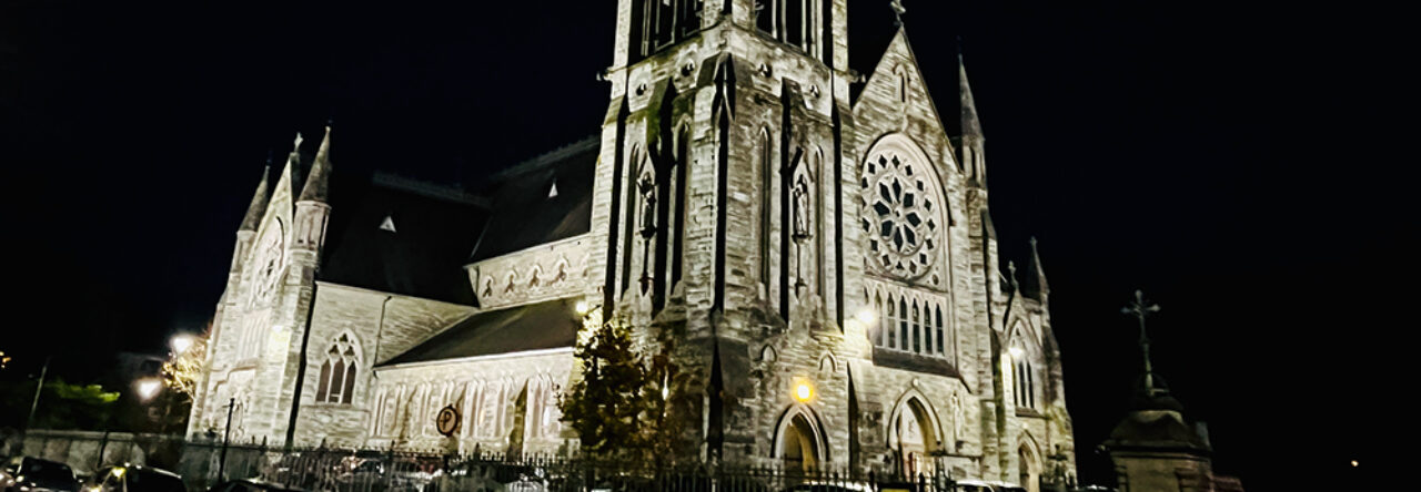 Clonakilty Parish Church floodlight at night